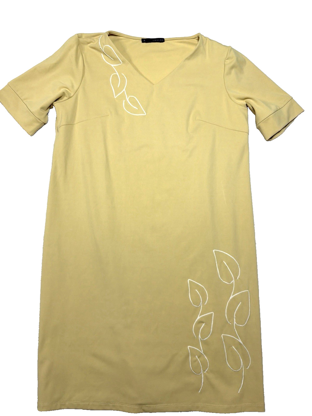 Loalde Embroidered Leaf Shift Cocktail Dress Yellow V-Neck Short Sleeve Size 10